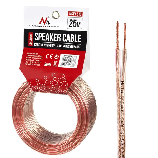 Hangszóró kábel 2×1,5 mm², átlátszó PVC, CCA, 25 m tekercs