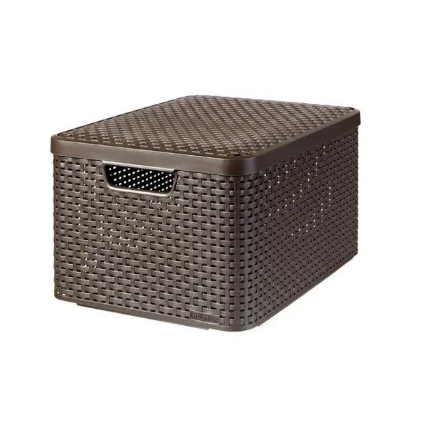 Curver Rattan Style L fedeles műanyag tárolókosár, sötétbarna