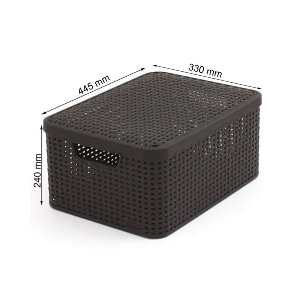 Curver Rattan Style L fedeles műanyag tárolókosár, sötétbarna