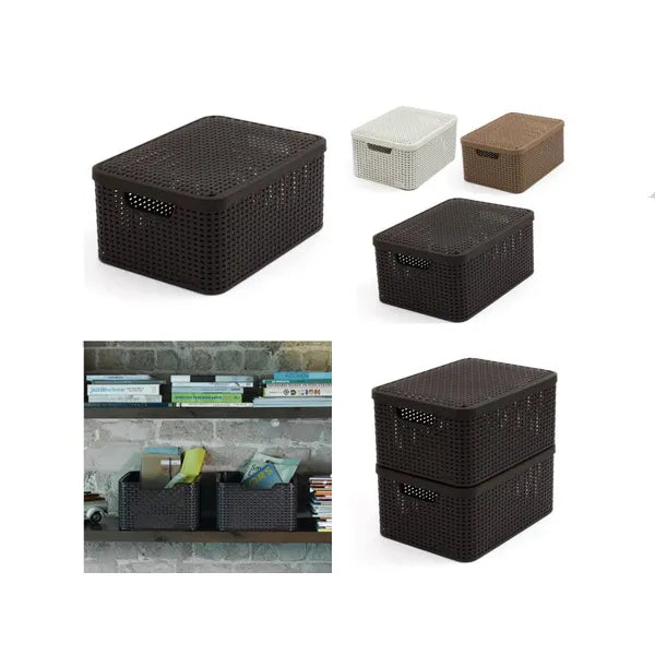 Curver Rattan Style L fedeles műanyag tárolókosár, sötétbarna