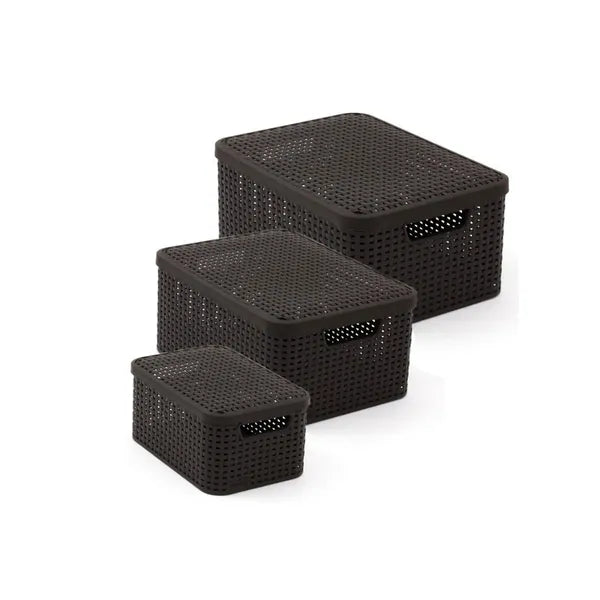 Curver Rattan Style L fedeles műanyag tárolókosár, sötétbarna