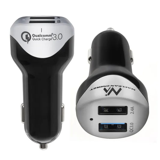 Autós USB gyorstöltő 4,8A 2×USB QC3.0 + 1,5m microUSB kábel, ezüst