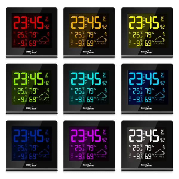 GreenBlue GB151 vezeték nélküli időjárás-állomás, 9 színű VA LCD, DCF