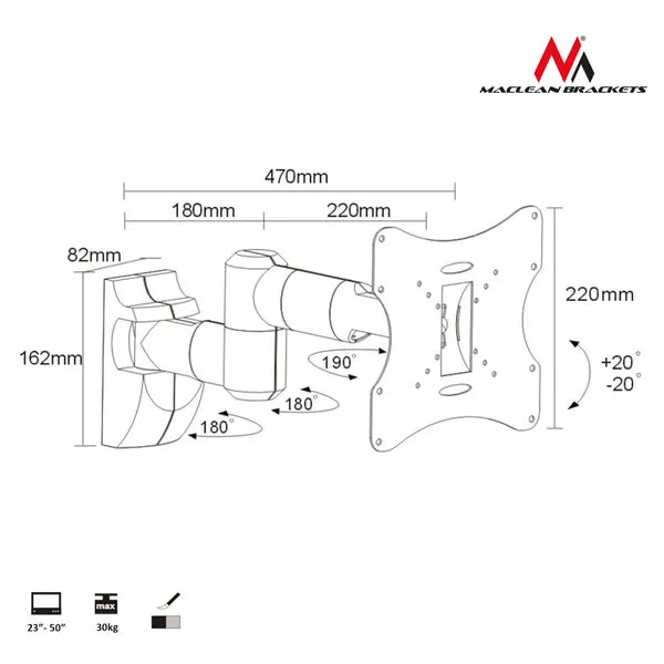 Univerzális fali TV/monitor tartó, 23-50”, VESA 200×200, 30 kg, ezüst