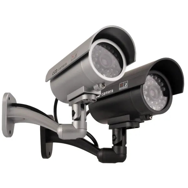 Ezüst csőkamera-atrapa IR LED-del, villogó piros dióda, kültéri-beltéri