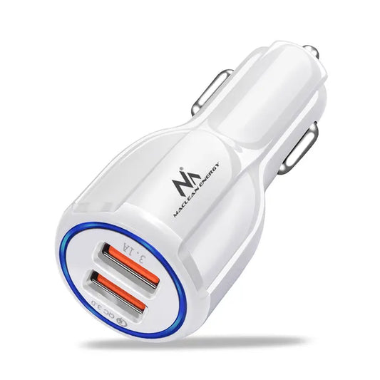 Autós USB töltő 2× porttal, QC 3.0, 30 W, 12–24 V, fehér
