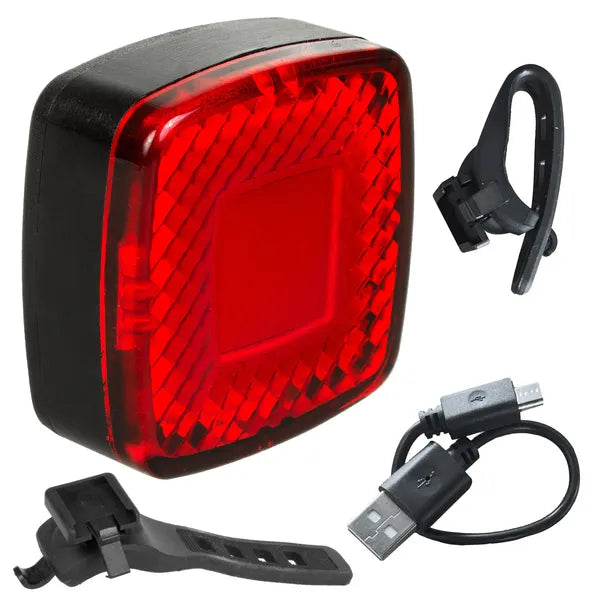 Kerékpár hátsó LED lámpa 125 lm, USB-s akkumulátor, fény- és fékérzékelő