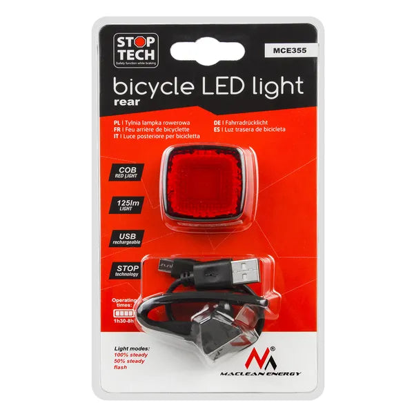 Kerékpár hátsó LED lámpa 125 lm, USB-s akkumulátor, fény- és fékérzékelő