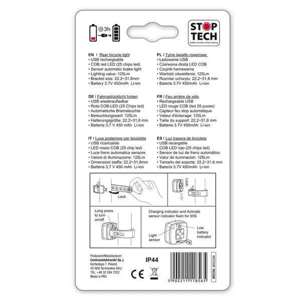 Kerékpár hátsó LED lámpa 125 lm, USB-s akkumulátor, fény- és fékérzékelő