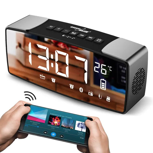 Bluetooth FM rádiós ébresztőóra 6 W sztereó hangszóróval, hőmérő, AUX, 2200 mAh