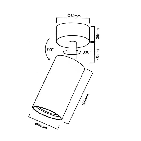 Forgatható GU10 alu fal/mennyezeti spotlámpa, fekete, Ø55×100 mm