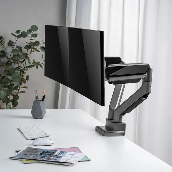 Kétmonitoros gázrugós asztali tartó 17–35” 2×15 kg VESA 75/100