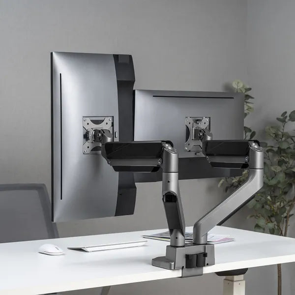 Kétmonitoros gázrugós asztali tartó 17–35” 2×15 kg VESA 75/100