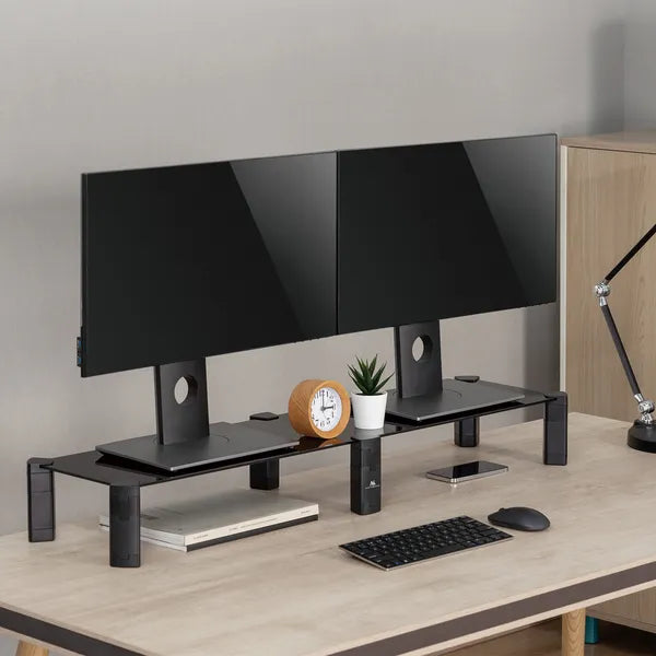 Kettős monitorállvány edzett üveg polccal, 100×24 cm, 20 kg terhelhetőség