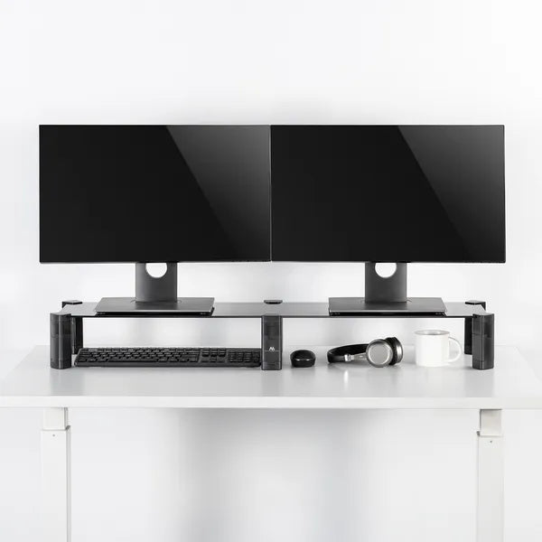 Kettős monitorállvány edzett üveg polccal, 100×24 cm, 20 kg terhelhetőség