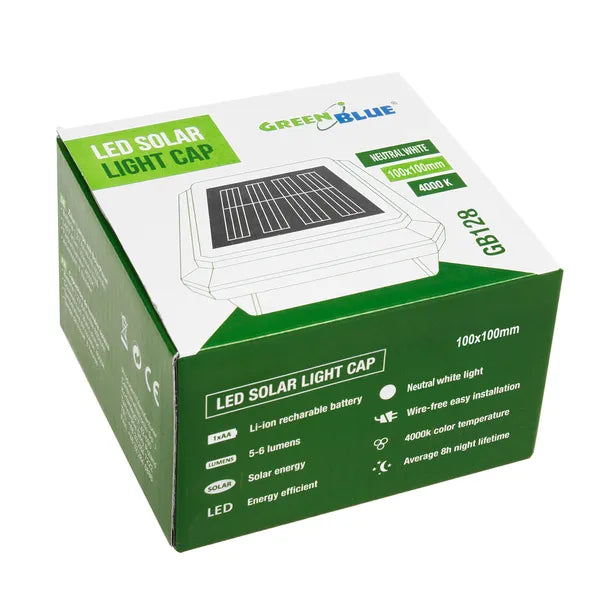 Napelemes LED oszlopsapka, 100×100 mm, neutrál fehér, fekete