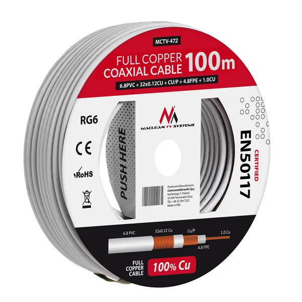 RG6 koaxiális antenna- és SAT-kábel, 100 m, 100% réz, 6,8 mm