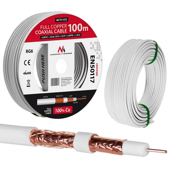 RG6 koaxiális antenna- és SAT-kábel, 100 m, 100% réz, 6,8 mm