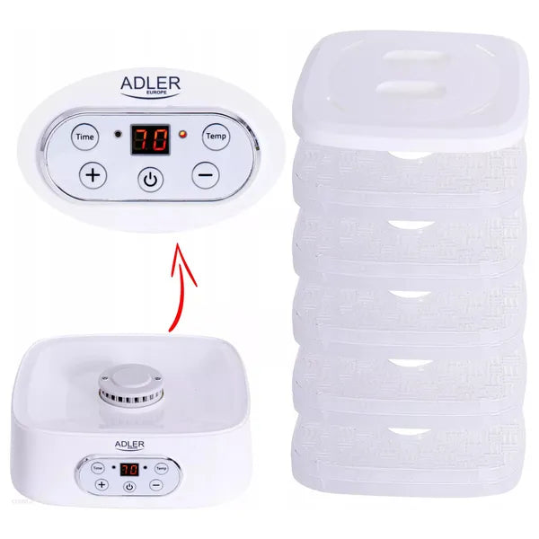 Adler AD 6658 élelmiszer-szárító, 5 tálca, LCD, 550 W, 35-70 °C