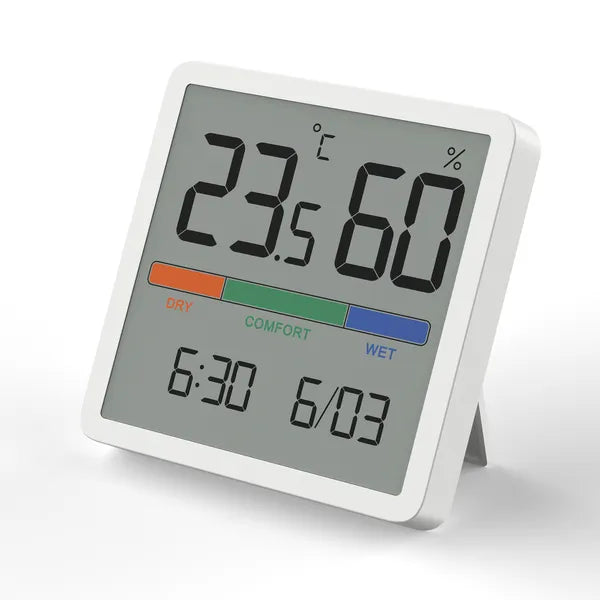 Digitális hőmérő-páratartalom-mérő óra-dátum funkcióval, CR2032, -9,9–60°C