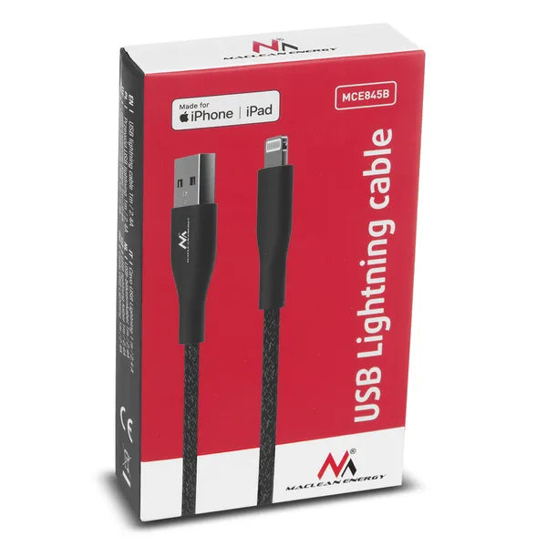 Maclean MFi USB-A – Lightning kábel, 2.4 A, 1 m, fekete, nylon
