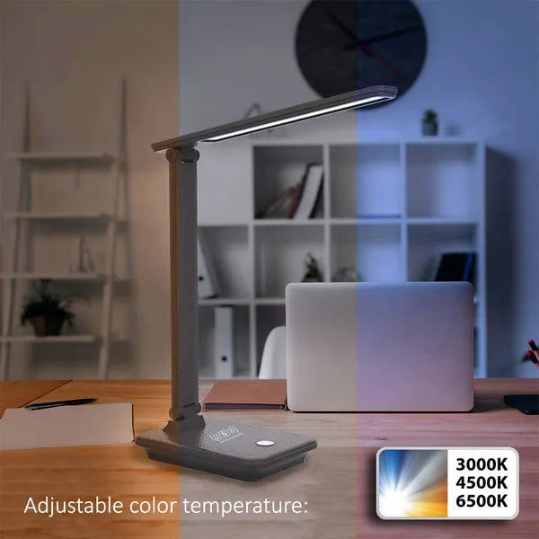 LED íróasztali lámpa 9 W, 450 lm, állítható színhő, Qi töltő, fekete