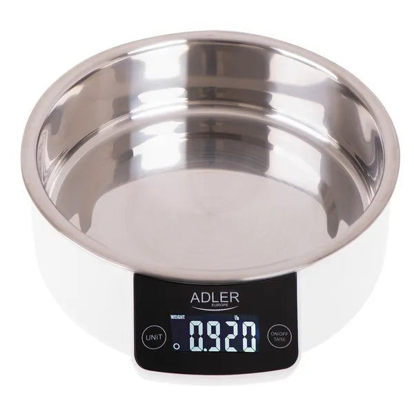 Adler digitális konyhai mérleg acél tálkával, 5 kg/1 g pontosság