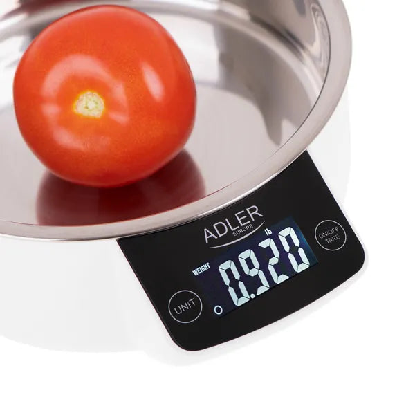 Adler digitális konyhai mérleg acél tálkával, 5 kg/1 g pontosság