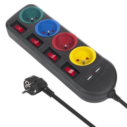 Hálózati elosztó 4 aljzattal, 2×USB, egyenkénti kapcsolókkal, 1,5 m, fekete