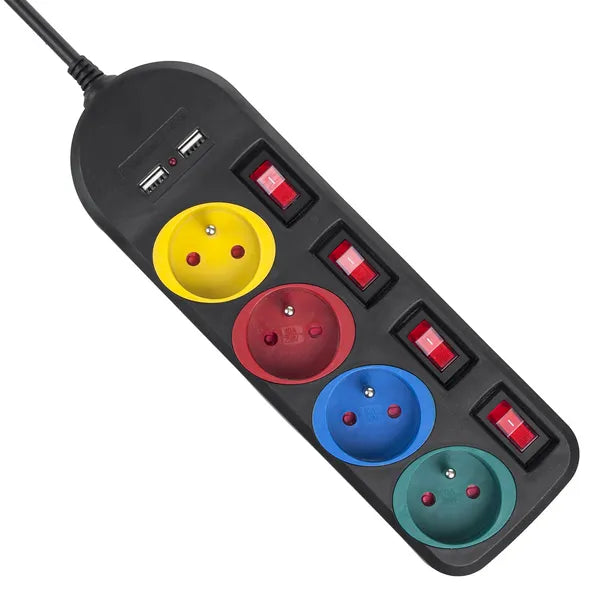 Hálózati elosztó 4 aljzattal, 2×USB, egyenkénti kapcsolókkal, 1,5 m, fekete