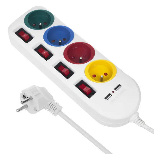 4 aljzatos hosszabbító 2 USB-vel, egyenkénti kapcsolókkal, 1,5 m, fehér