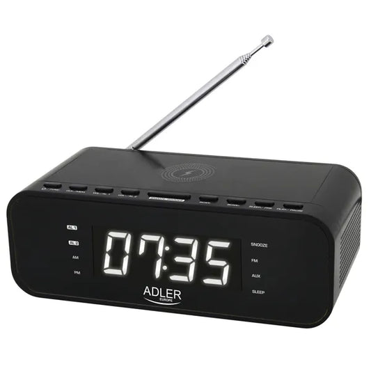 Fekete rádiós ébresztőóra vezeték nélküli 5W töltővel, Bluetooth FM