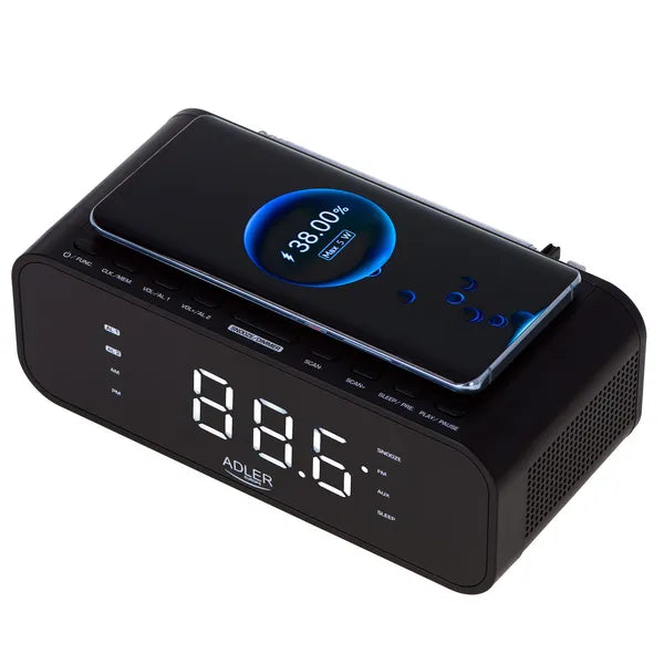 Fekete rádiós ébresztőóra vezeték nélküli 5W töltővel, Bluetooth FM