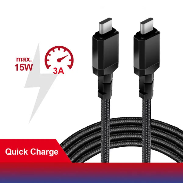 USB-C–USB-C adat- és töltőkábel, 1 m, 15 W/3 A, QC 3.0, fekete, nylon