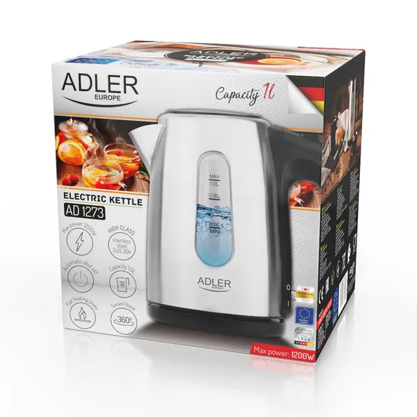 Adler AD 1273 inox elektromos vízforraló, 1 L, 1200 W, 360° talp