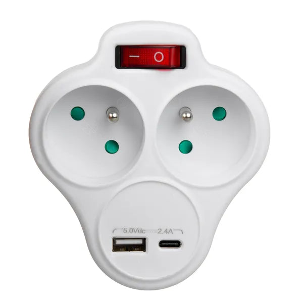 Maclean elosztó kapcsolóval, 2× E aljzat, USB-A/C 2.4A, gyerekzár, 3680 W