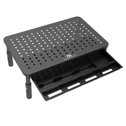 Állítható, szellőző monitor- és laptopállvány fiókkal, 13–32”, 20 kg