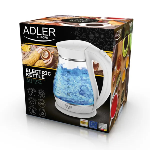 Adler AD1274 fehér üveg vízforraló, 1,7 l, 2200 W, LED