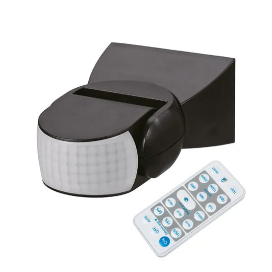 PIR mozgásérzékelő távirányítóval, 180°, 12 m, IP65, fekete, 1200 W/300 W LED