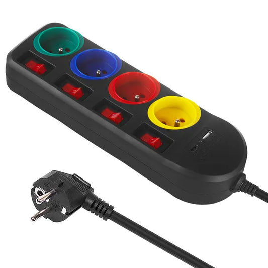 Fekete 4 aljzatos hosszabbító USB-A/C-vel, egyenkénti kapcsoló, 1,5 m, 2500 W