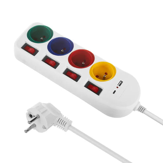 Hosszabbító elosztó 4 aljzattal, USB-A/C, külön kapcsolók, 1,5 m, fehér