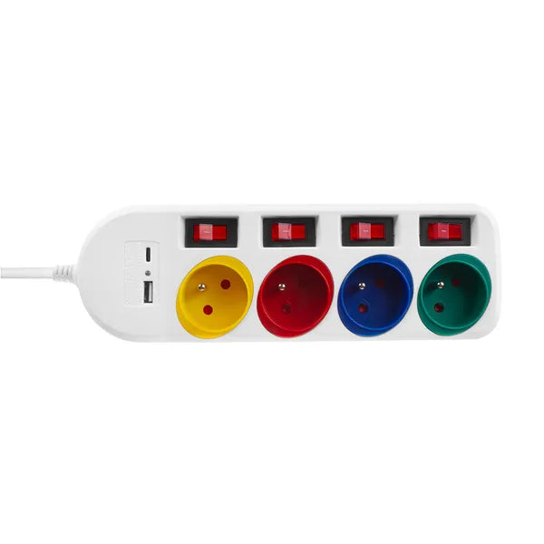 Hosszabbító elosztó 4 aljzattal, USB-A/C, külön kapcsolók, 1,5 m, fehér