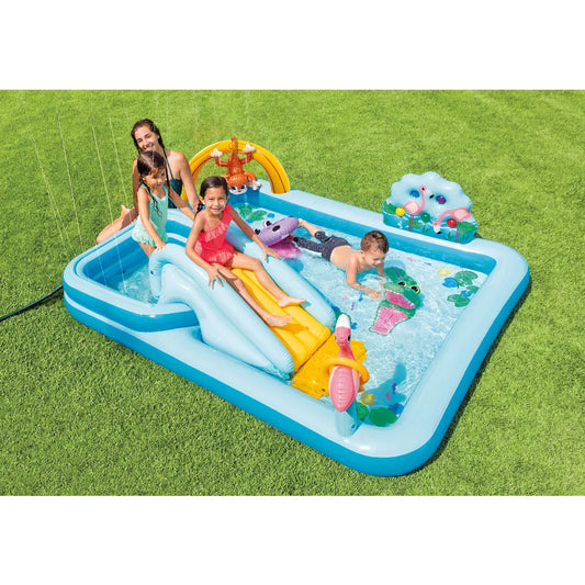 INTEX Felfújható csúszdás gyerekmedence színes állatokkal, 550 l, 257 x 216 cm, kék