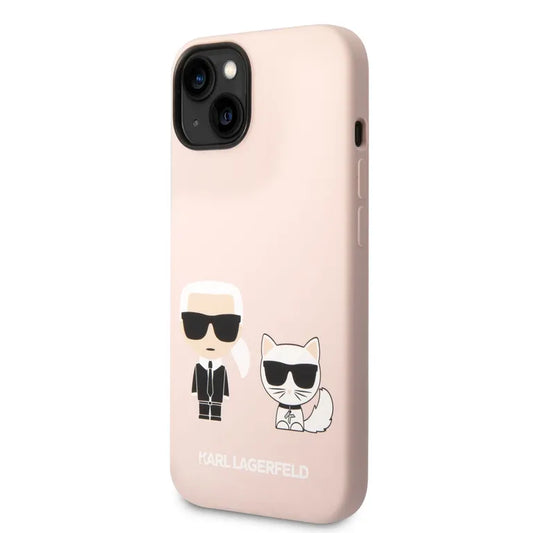 Karl Lagerfeld és Choupette folyékony szilikon Zadní Kryt pro iPhone 14 Plus rózsaszínű tok