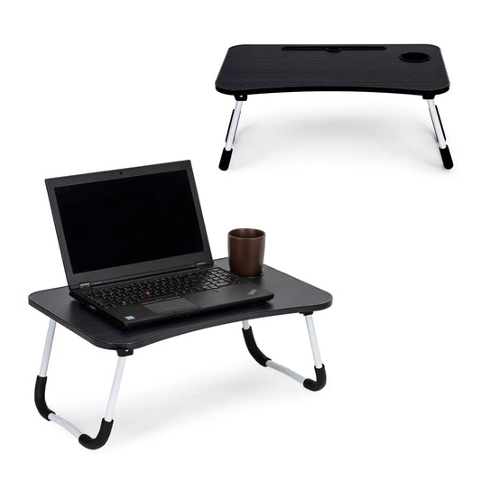 Laptopállvány pohártartóval, forgácslap alumínium lábakkal, 60x40x28 cm fekete