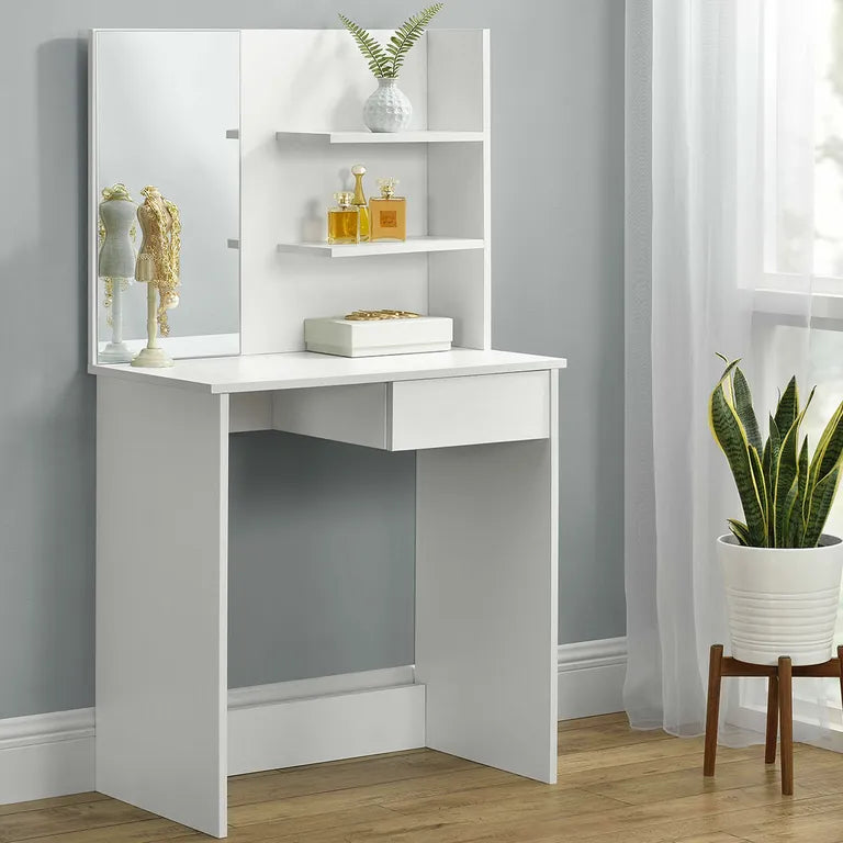 Öltözőasztal fiókkal, polcokkal, tükörrel modern design, fehér, 75x40x141 cm