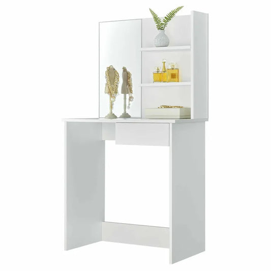 Öltözőasztal fiókkal, polcokkal, tükörrel modern design, fehér, 75x40x141 cm