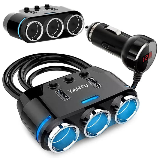 Szivargyújtó aljzat 3-as elosztó 2x USB, 9cm x 5,5cm x 3cm, fekete
